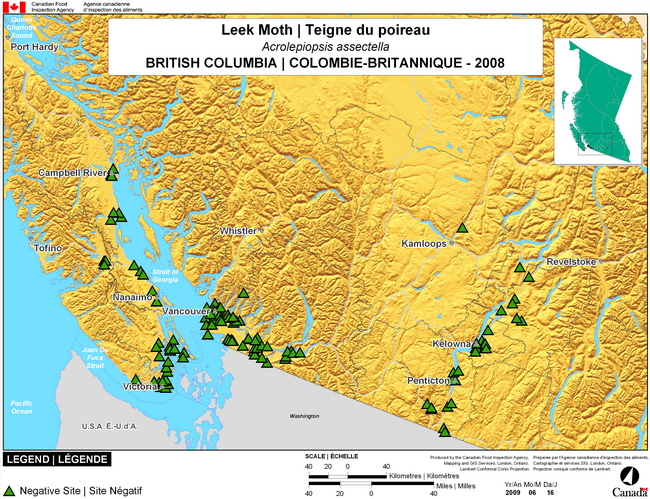 This map shows surveying sites for Leek Moth in southern British Columbia. There were 0 positive traps in 164 traps.