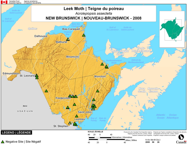 This map shows surveying sites for Leek Moth in New Brunswick.  There were 0 positive sites found in 37 sites.
