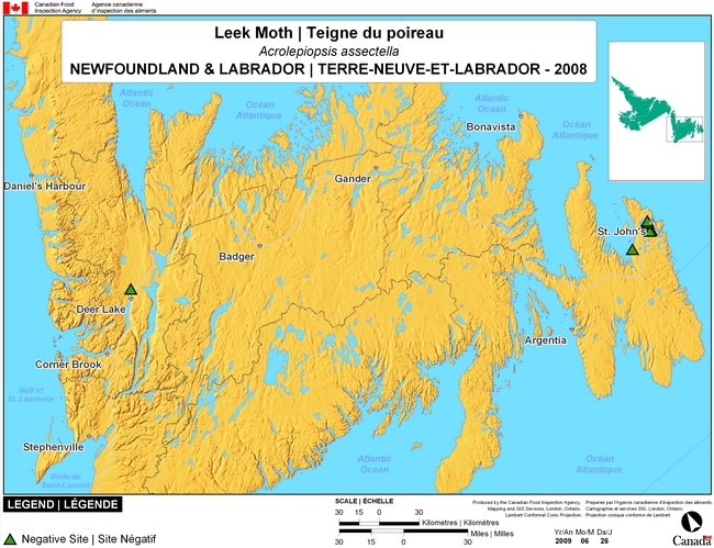 This map shows surveying sites for Leek Moth in Newfoundland and Labrador. There were 0 positive sites found 13 sites.