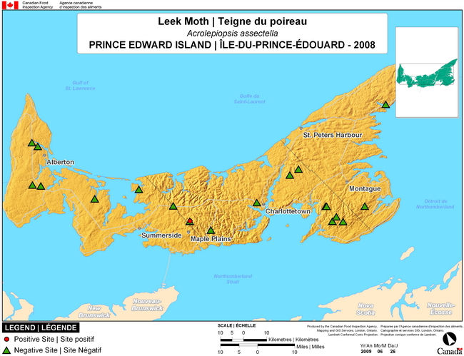 This map shows surveying sites for Leek Moth in Prince Edward Island.  There were 1 positive sites found in 29 sites.