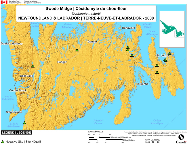 This map shows surveying sites for Swede Midge in Newfoundland and Labrador. There were 0 positive sites found in 10 sites.