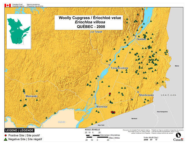 This map shows surveying sites for Woolly Cupgrass in southeast Quebec. There were 3 positive sites found in 178 sites.