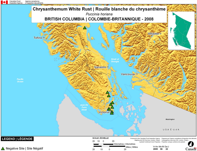 This map show surveying sites for Chrysanthemum White Rust in Vancouver Island (British Columbia). There were 0 positive sites found in 15 sites.