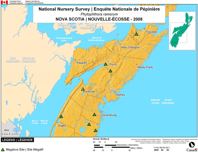 This map shows surveying sites for Phytophthora ramorum in Nova Scotia. There were 0 positive sites found in 8 sites.
