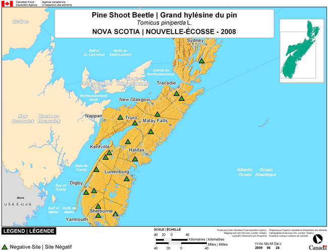This map shows surveying sites for Pine Shoot Beetle in Nova Scotia. There were 0 positive sites found in 18 sites.