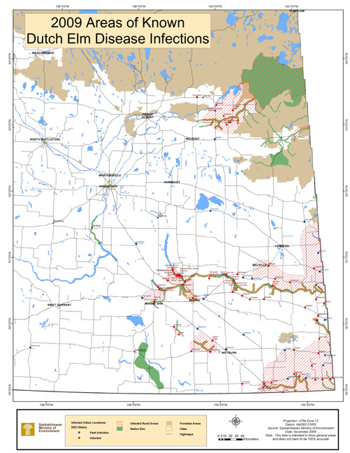 2009 map of the Dutch Elm Disease in Saskatchewan