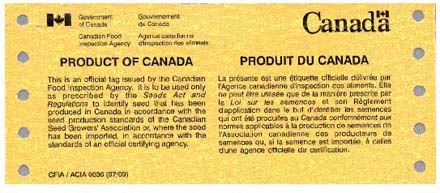 Tag - Domestic tags - Pedigree Seed Canada Substandard (yellow with black text) - back view