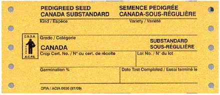 Tag - Domestic tags - Pedigree Seed Canada Substandard (yellow with black text) - front view