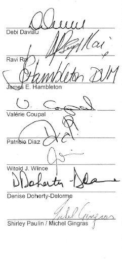 Signatures de Debi Daviau, Ravi Rai, James E. Hambleton, Valérie Coupal, Patricio Diaz, Witold J. Wince, Denise Doherty-Delorme et Michel Gingras