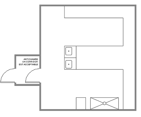 Cette image montre un exemple simplifié d'installation Niveau de confinement-2. Antichambre (un corridor est acceptable) et enceinte de sécurité biologique.
