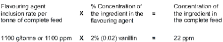 The inclusion rate of the flavouring agent per tonne of complete feed, times the percent concentration of the ingredient in the flavouring, is equal to the concentration of the ingredient in the complete feed.