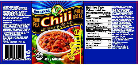 Image showing the label for Great Value Original Chili with Beans, including ingredient list. nutritional information and Universal Product code
