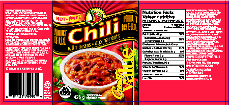 Image showing the label for Great Value Hot Chili with Beans, including ingredient list. nutritional information and Universal Product code