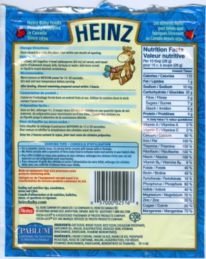 Céréales mélangées pour bébés de marque Heinz - ingrédients/tableau de la valeur nutritive