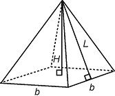 Calculs - On obtient l'aire totale d'une pyramide à base carrée est additionnant l'aire des quatre triangles formant ses faces plus l'aire de sa base