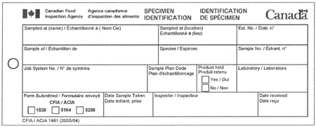 CFIA/ACIA 1461 - Identification de spécimen (étiquette). Ce formulaire est en fait une étiquette d'identification qui est fixée aux échantillons envoyés pour analyse à un laboratoire.
