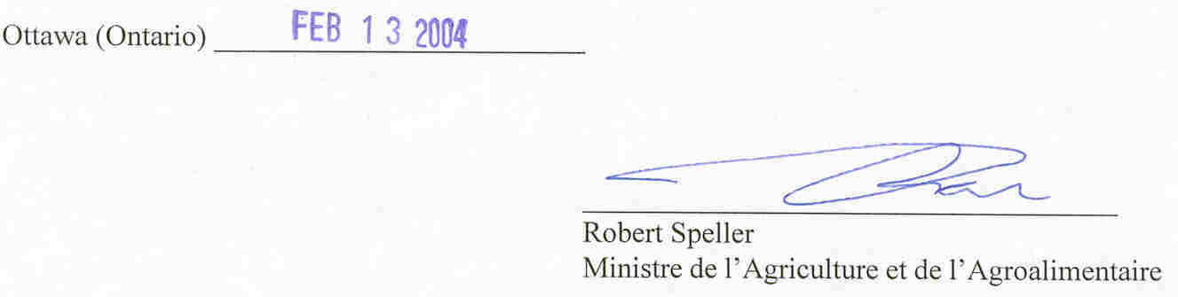 Date et Signature du Ministre de l'Agriculture et de l'Agroalimentaire
