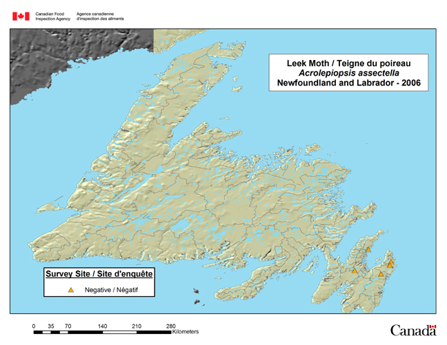 Cette carte présente les sites de l'enquête sur l'Acrolepiopsis assectella à Terre-Neuve-et-Labrador en 2006.