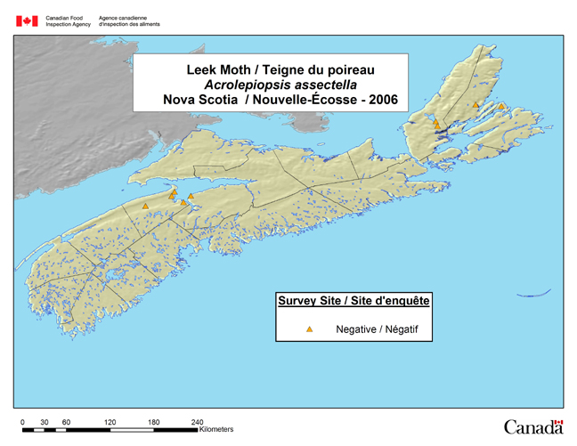 Cette carte présente les sites de l'enquête sur l'Acrolepiopsis assectella en Nouvelle-Écosse en 2006.