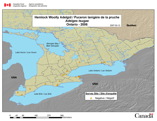 Cette carte illustre les sites de l'enquête sur l'Adelges tsugae en Ontario en 2006.
