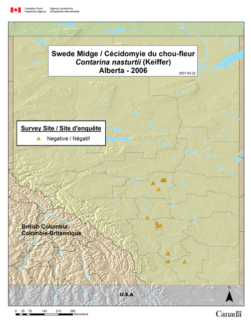 Cette carte illustre les sites de l'enquête sur la cédidomyie du chou-fleur en Alberta en 2006.