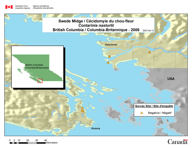 Cette carte illustre les sites de l'enquête sur la cédidomyie du chou-fleur en Colombie-Britannique en 2006.