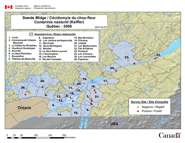 Cette carte illustre les sites de l'enquête sur la cécidomyie du chou-fleur au Québec en 2006.