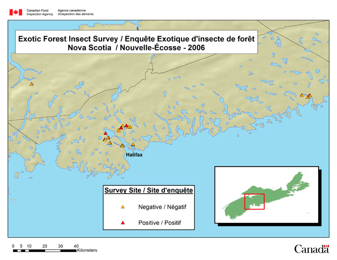 Cette carte illustre les sites de l'enquête sur les espèces exotiques envahissantes en Nouvelle-Écosse.