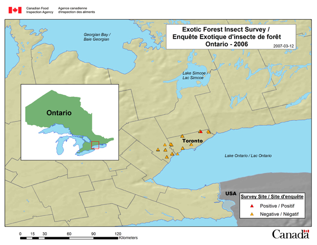Cette carte illustre les sites de l'enquête sur les espèces exotiques envahissantes en Ontario.