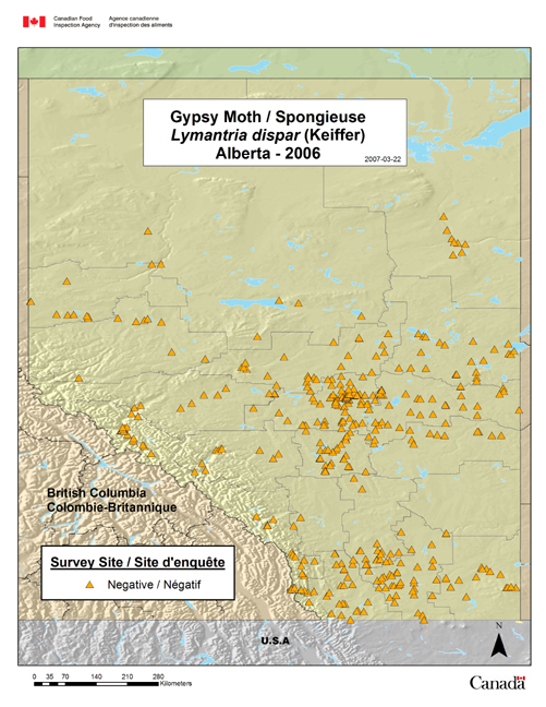 Cette carte montre les sites de la campagne de piégeage de la spongieuse menée en Alberta en 2006.