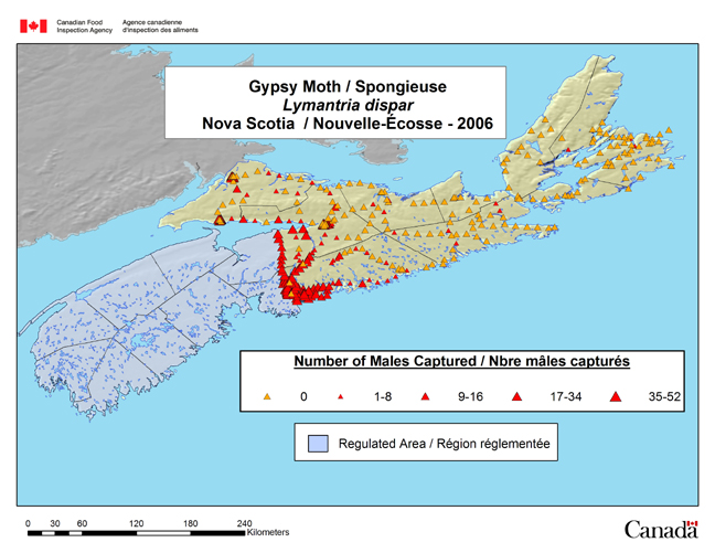 Cette carte montre les quelque 395 sites de la campagne de piégeage de la spongieuse menée en Nouvelle-Écosse en 2006.