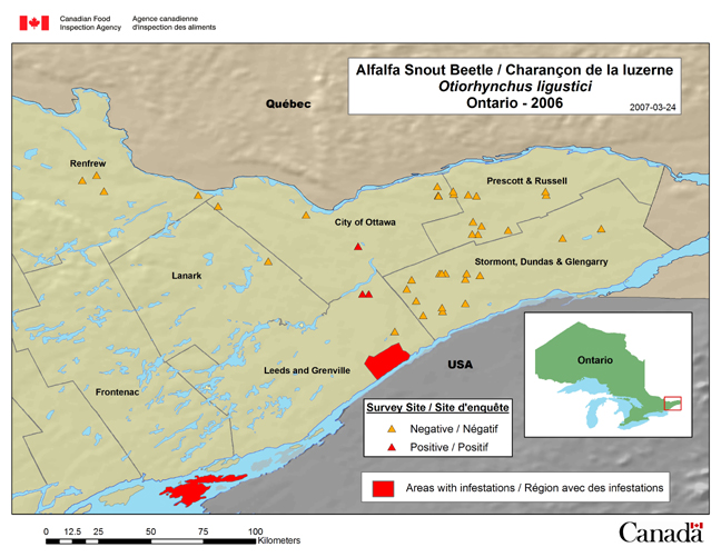 Cette carte présente les sites de l'enquête sur l'Otiorhynchus ligustici dans l'est de l'Ontario en 2006.
