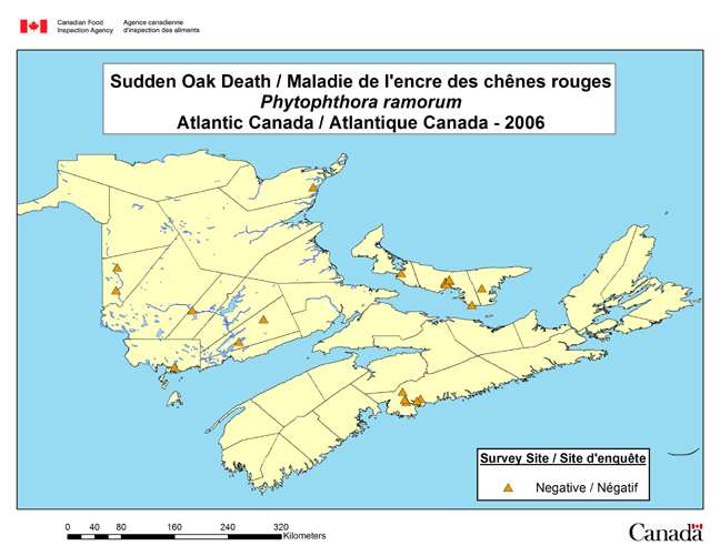Cette carte montre les sites de l'enquête nationale sur le Phytophthora ramorum dans les provinces de l'Atlantique en 2006.