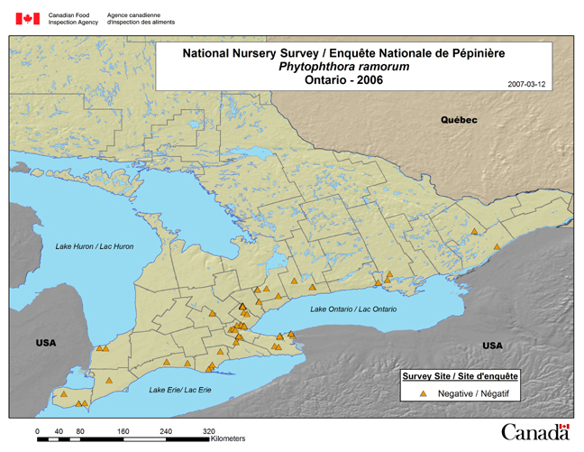 Cette carte montre les sites de l'enquête nationale sur le Phytophthora ramorum en Ontario en 2006.