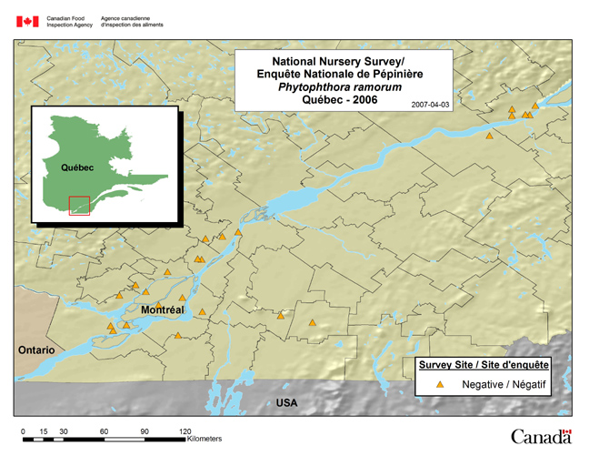 Cette carte montre les sites de l'enquête nationale sur le Phytophthora ramorum au Québec en 2006.