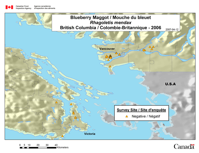 Cette carte présente les sites de l'enquête sur la mouche du bleuet en Colombie-Britannique en 2006.