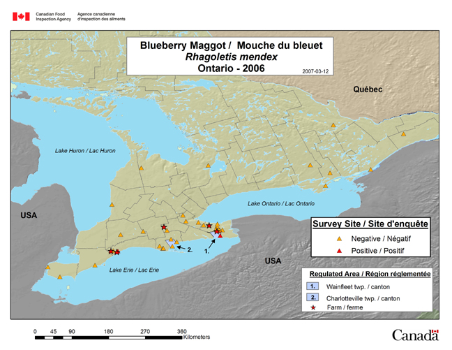 Cette carte présente les sites de l'enquête sur la mouche du bleuet dans le sud de l'Ontario en 2006.