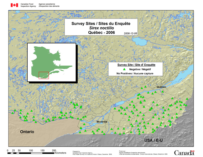 Cette carte illustre les résultats de l'enquête sur le sirex menée au Québec en 2006.