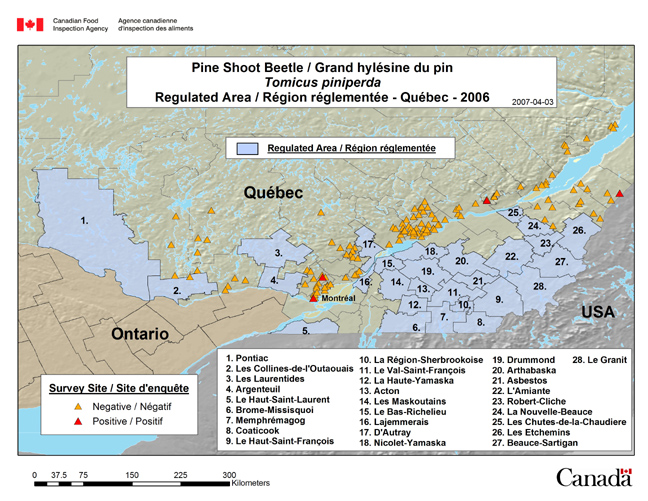 Cette carte présente les sites de l'enquête sur le Tomicus piniperda au Québec en 2006.