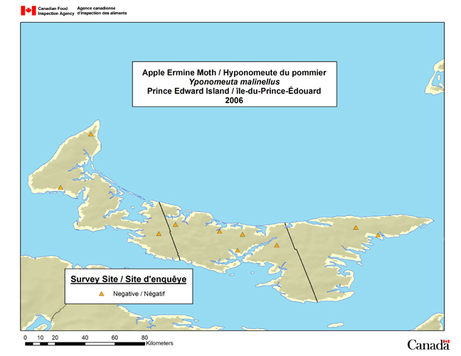 Cette carte présente les sites de l'enquête sur l'Yponomeuta malinellus à l'Île-du-Prince-Édouard en 2006.