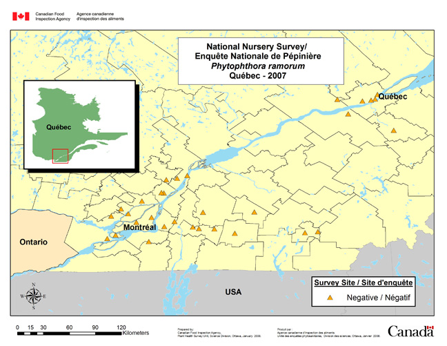 Carte d'enquête de Phytophthora ramorum, Québec 2007