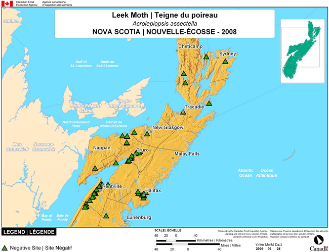 This map shows surveying sites for Leek Moth in Nova Scotia.  There were 0 positive sites found in 76 sites.