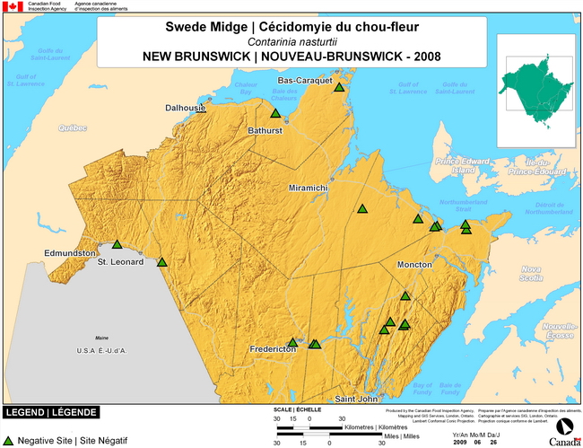 This map shows surveying sites for Swede Midge in New Brunswick. There were 0 positive sites found in 17 sites.