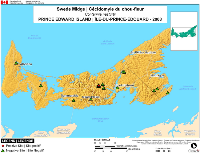 This map shows surveying sites for Swede Midge in Prince Edward Island. There were 1 positive site in Hunter River found in 10 sites.