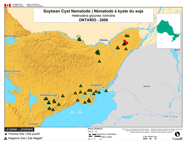 This map shows surveying sites for Soybean Cyst Nematode in Central and Eastern Ontario. There were 2 positives sites in Prescott-Russell County and Stormont County found in 83 sites.