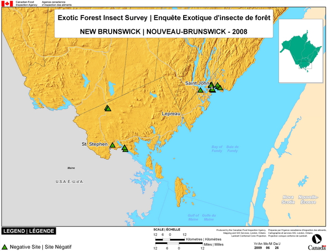 Carte d'enquête de Exotic Forest Insects, Nouveau-Brunswick 2008