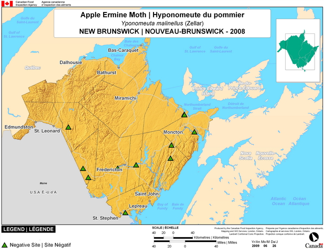 This map shows surveying sites for Apple Ermine Moth in New Brunswick. There were 0 positive sites found in 9 sites.
