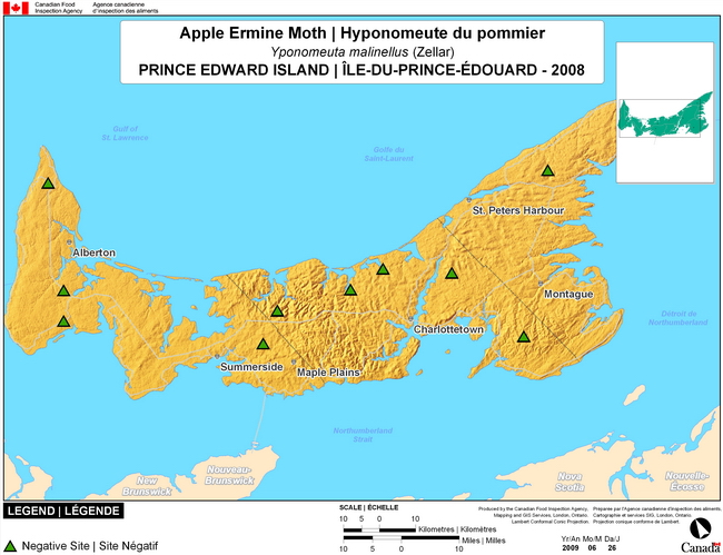 Cette carte montre les sites de dépistage de l'hyponomeute des pommiers à l'Île-du-Prince-Édouard. Aucun (0) site positif n'a été observé parmi les 10 sites de dépistage.