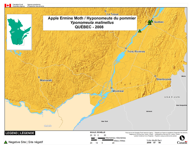 Cette carte montre les sites de dépistage de l'hyponomeute des pommiers dans le sud du Québec. Aucun (0) site positif n'a été observé parmi les cinq (5) sites de dépistage.