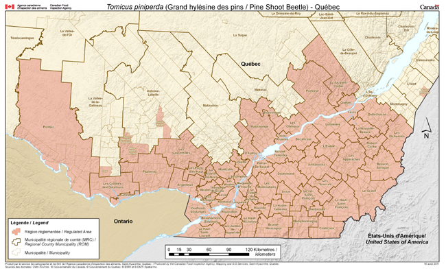 la carte 2011 de Grand hylsine des pins a régions réglementées dans le Québec